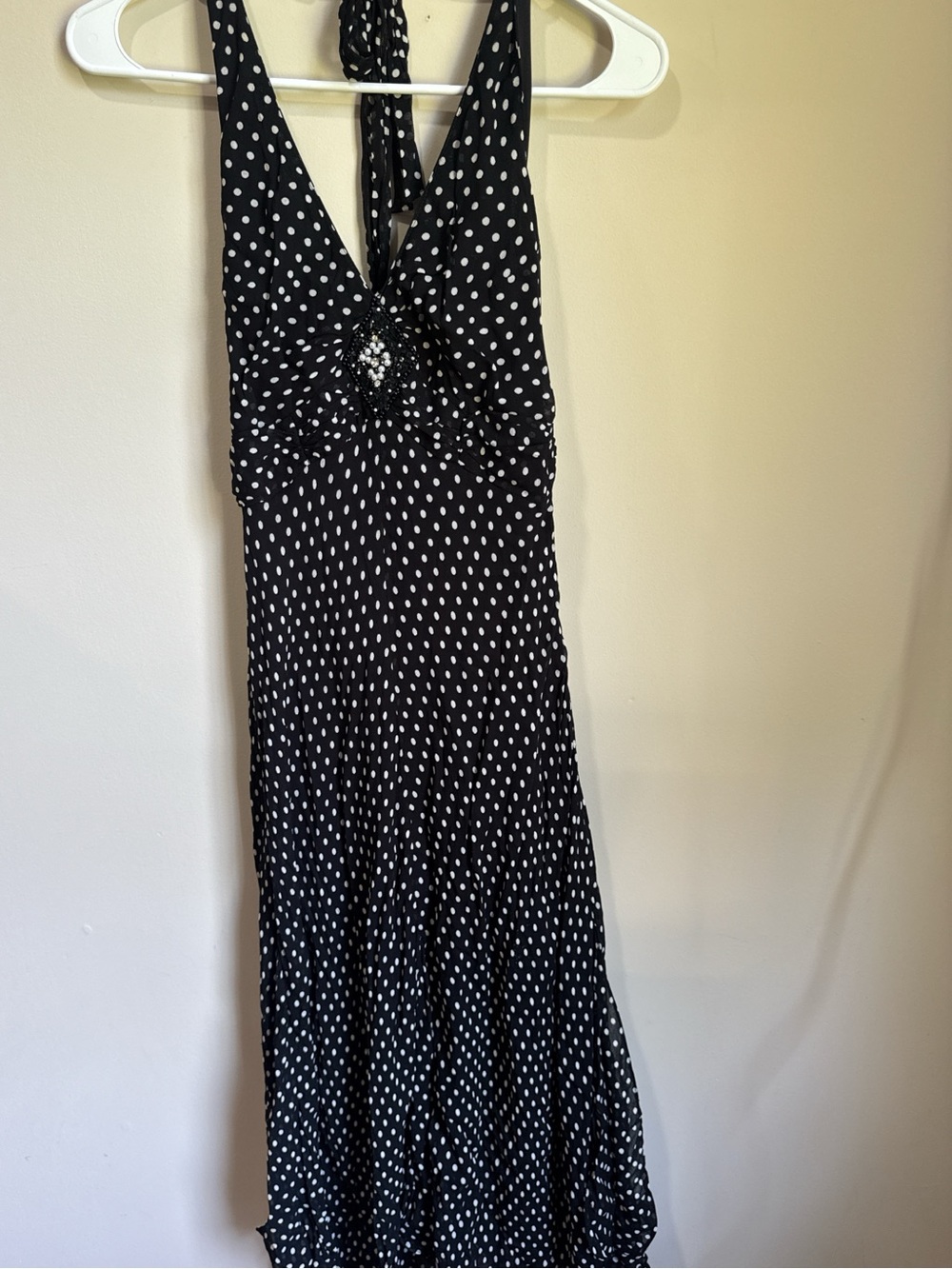 Black Polka Dot Halter Maxi Dress with Twist Front